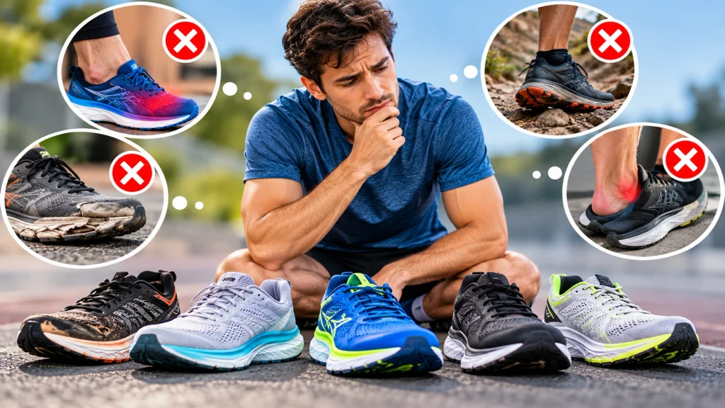 Runner comparing different running shoes while highlighting common mistakes, including improper fit, worn-out soles, unsuitable traction, and poor heel support.