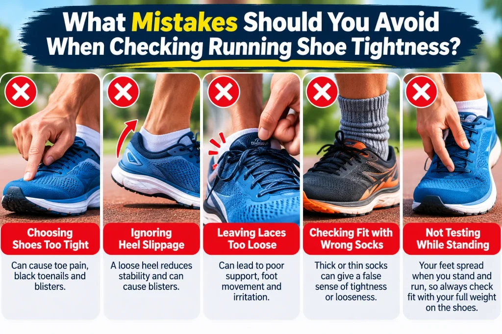 Five common running shoe tightness mistakes, including tight toe space, heel slippage, loose laces, incorrect socks, and improper fit testing.
