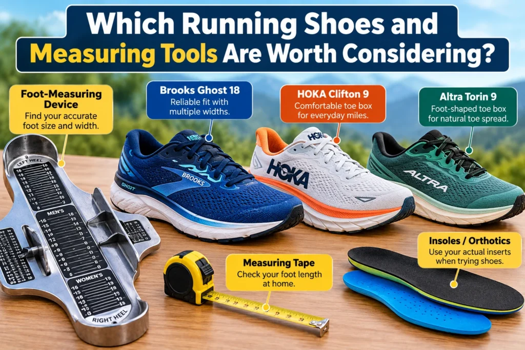 Running shoes and foot measuring tools, including Brooks Ghost 18, HOKA Clifton 9, Altra Torin 9, a foot-measuring device, tape measure, and insoles.