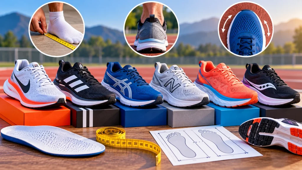 Running shoes worth comparing for sizing, featuring Nike, Adidas, ASICS, New Balance, HOKA, and Saucony shoes with foot measurement tools.