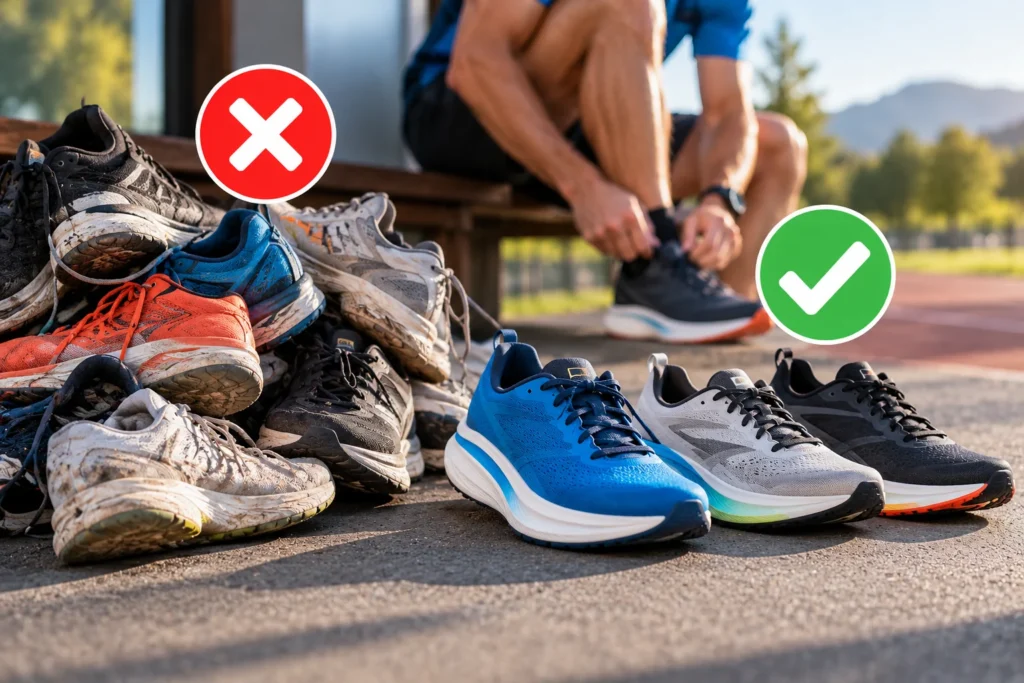 Common running shoe rotation mistakes illustrated by a pile of worn-out running shoes compared with three clean, organized pairs.