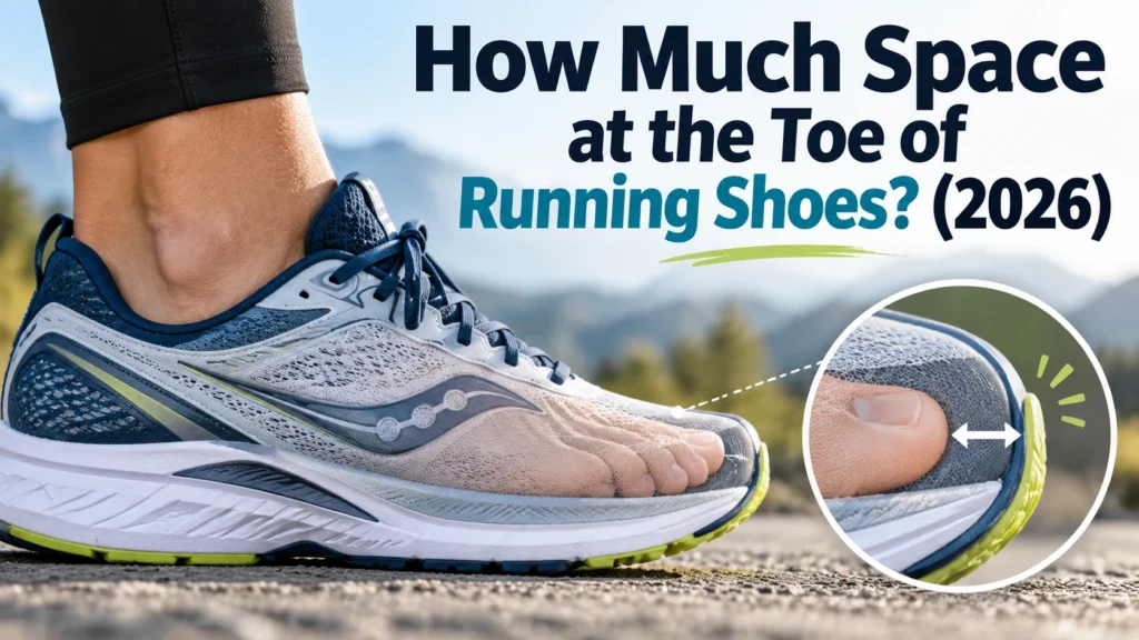 How much space at the toe of running shoes in 2026, showing proper toe clearance with a close-up measurement illustration.