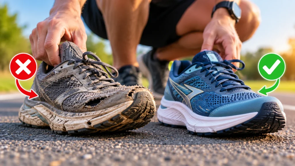 Comparison of old, worn-out running shoes with torn mesh and damaged soles beside new running shoes, illustrating when to replace running shoes.