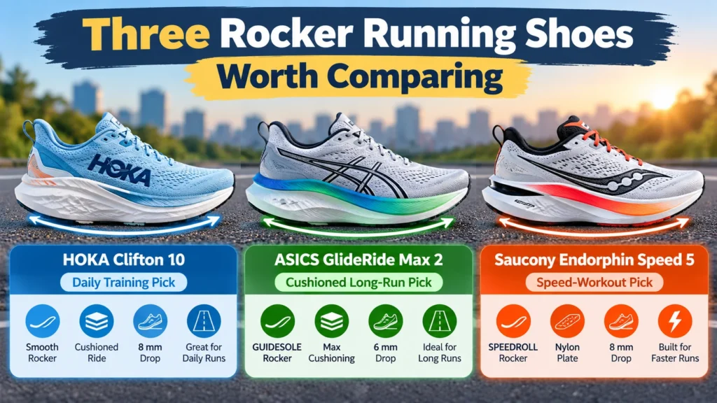 Comparison of three rocker running shoes: HOKA Clifton 10, ASICS GlideRide Max 2, and Saucony Endorphin Speed 5, showing curved soles and key features.