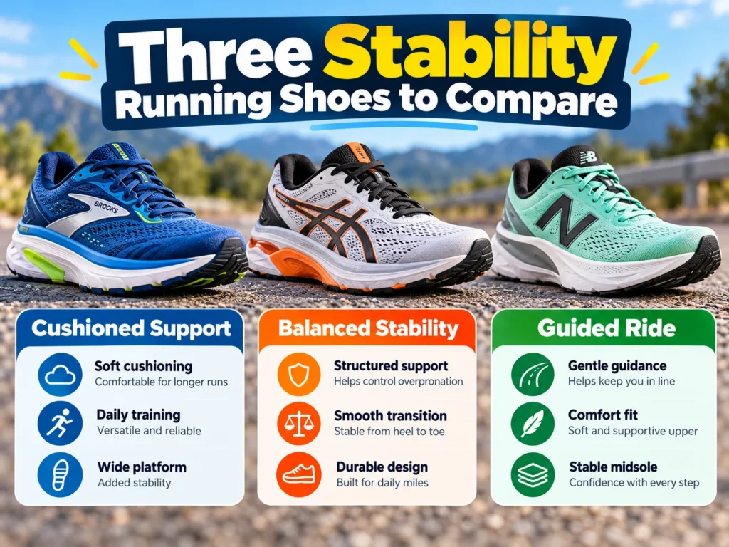 Three stability running shoes compared side by side, highlighting cushioned support, balanced stability, and guided ride features.