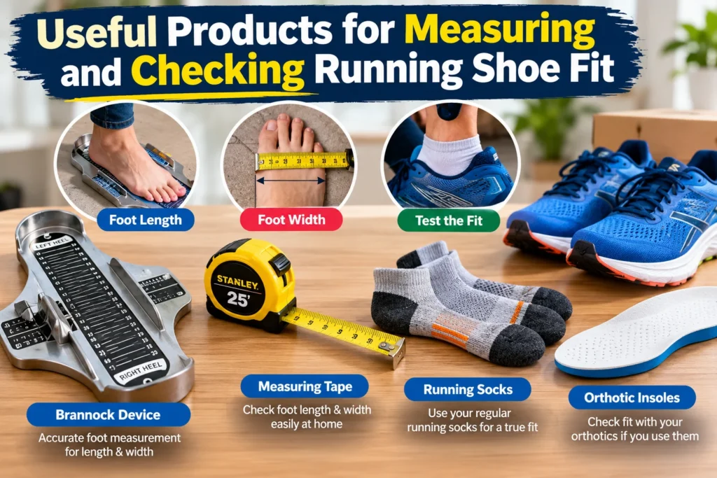 Running shoe fitting tools including a Brannock foot measuring device, measuring tape, running socks, orthotic insoles, and blue running shoes.