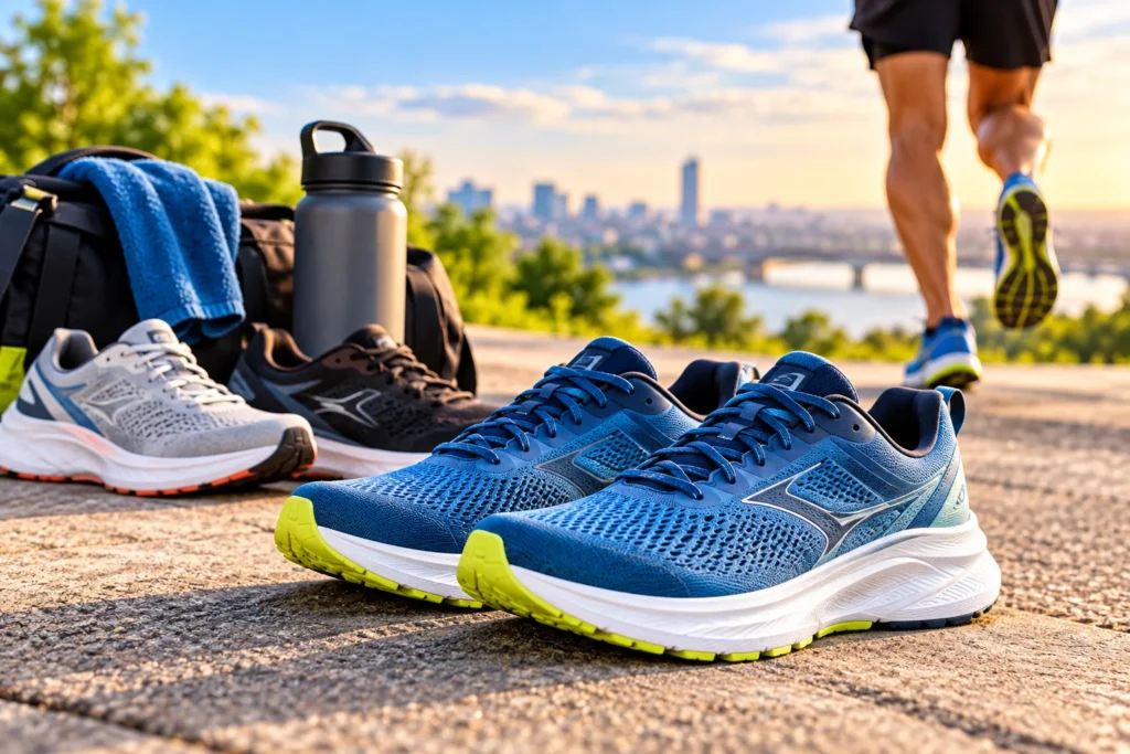 Blue cushioned daily training running shoes on a paved path with other running shoes and a runner in the background.