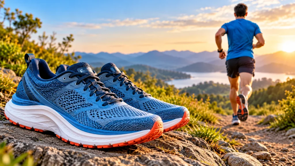 Blue cushioned long-distance running shoes on a rocky mountain trail with a runner jogging in the background.