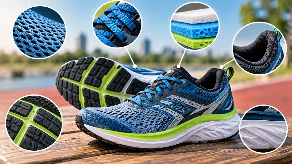 Blue running shoes highlighting key specifications, including breathable mesh uppers, cushioning, laces, heel padding, midsole construction, and outsole traction.