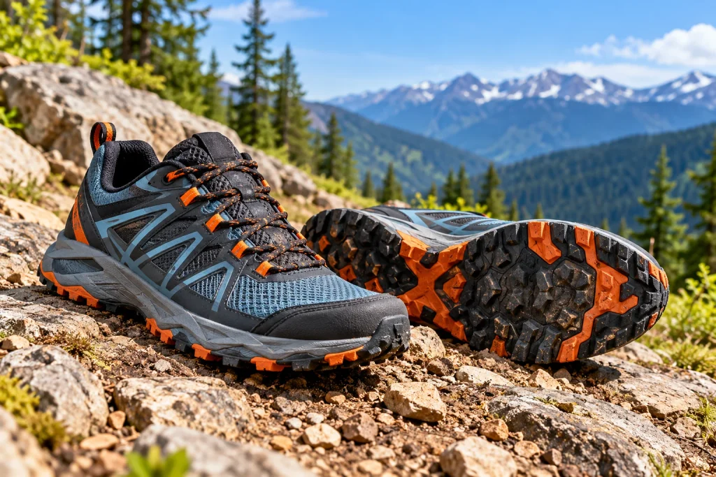Person examining a running shoe while comparing online reviews, ratings, cushioning, fit, and outsole features.