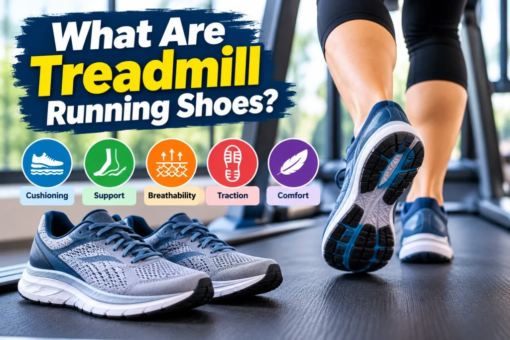 Treadmill running shoes showing cushioning, support, breathability, traction, and comfort features for indoor running.