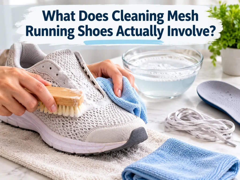 Hands gently cleaning a white mesh running shoe with a soft brush and microfiber cloth, with soapy water and shoe-cleaning supplies nearby.