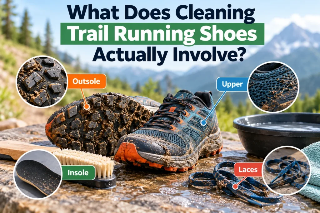 Infographic showing the outsole, upper, insole, and laces of muddy trail running shoes with cleaning tools and water.
