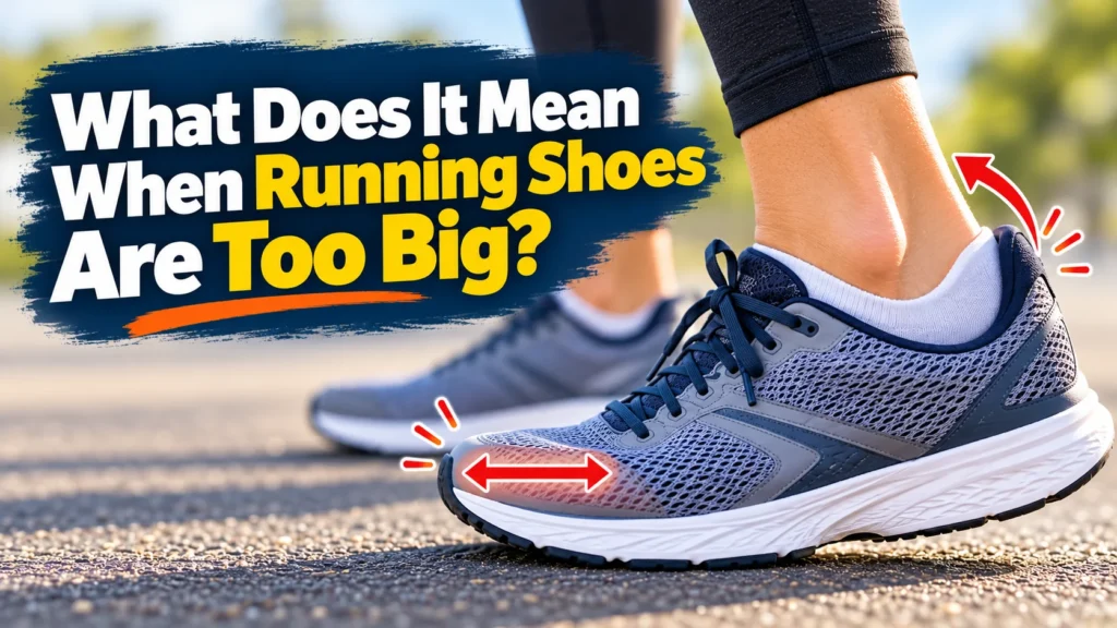 What does it mean when running shoes are too big? Illustration showing excessive toe space and heel slipping in oversized running shoes.