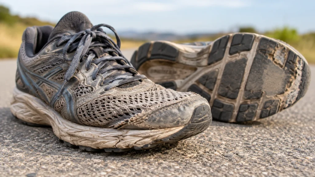 Worn-out running shoes with damaged cushioning, frayed mesh, and heavily worn outsole tread on a paved road.