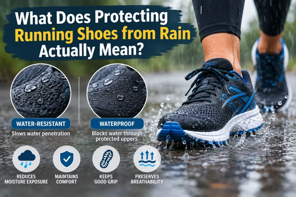 Water-resistant vs waterproof running shoes in rainy conditions, showing how to protect running shoes from rain while maintaining comfort, grip, and breathability.