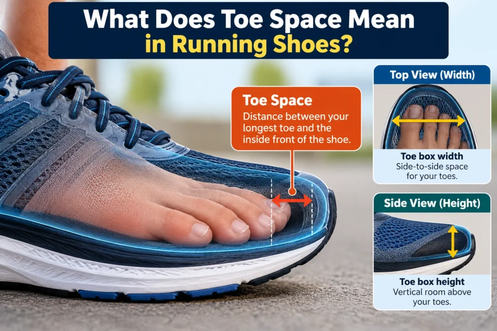 Running shoe toe space illustration showing the gap between the longest toe and shoe front, plus toe box width and height.