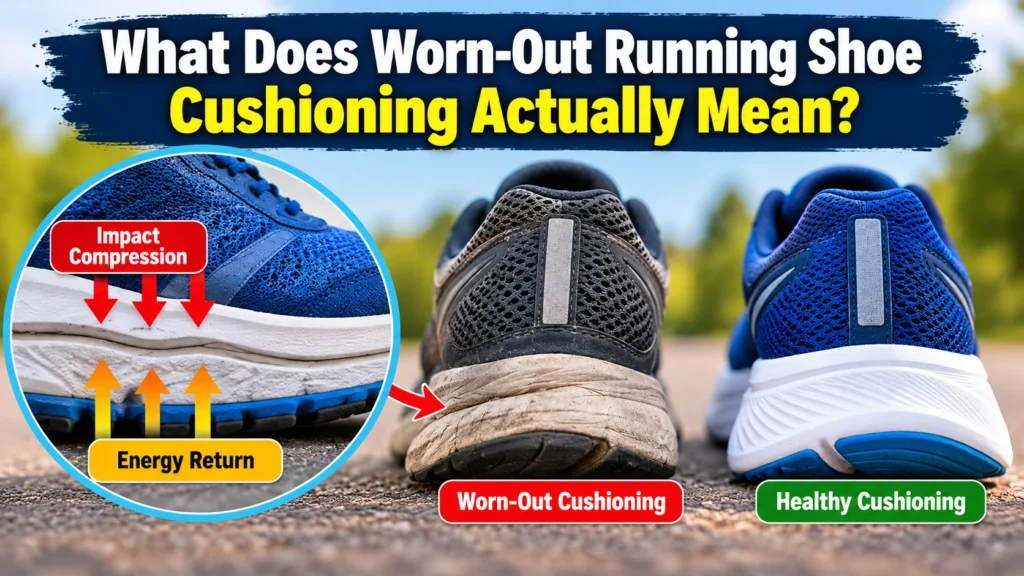 Comparison of worn-out and healthy running shoe cushioning showing compressed midsoles, impact absorption, and energy return.