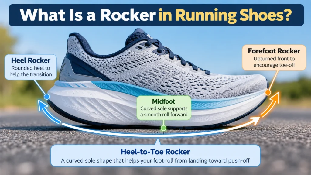 Running shoe rocker sole diagram showing heel rocker, midfoot curvature, forefoot rocker, and heel-to-toe rolling motion.