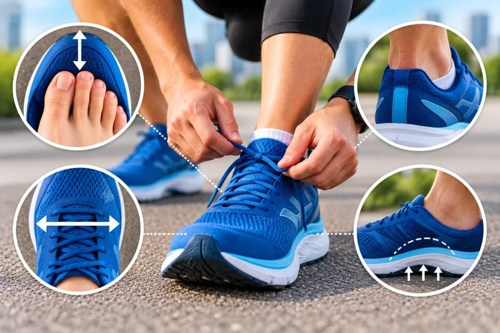 Running shoe fitting checklist showing toe room, shoe width, heel fit, and arch support checks on blue running shoes.