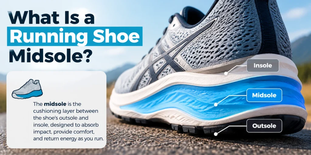 What is a running shoe midsole? Labeled running shoe diagram showing the insole, blue cushioning midsole, and outsole.