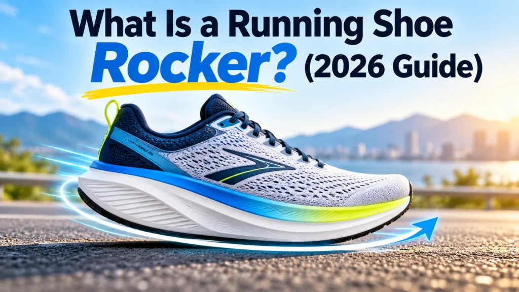 Running shoe with curved rocker sole showing heel-to-toe rolling motion – What Is a Running Shoe Rocker? (2026 Guide).