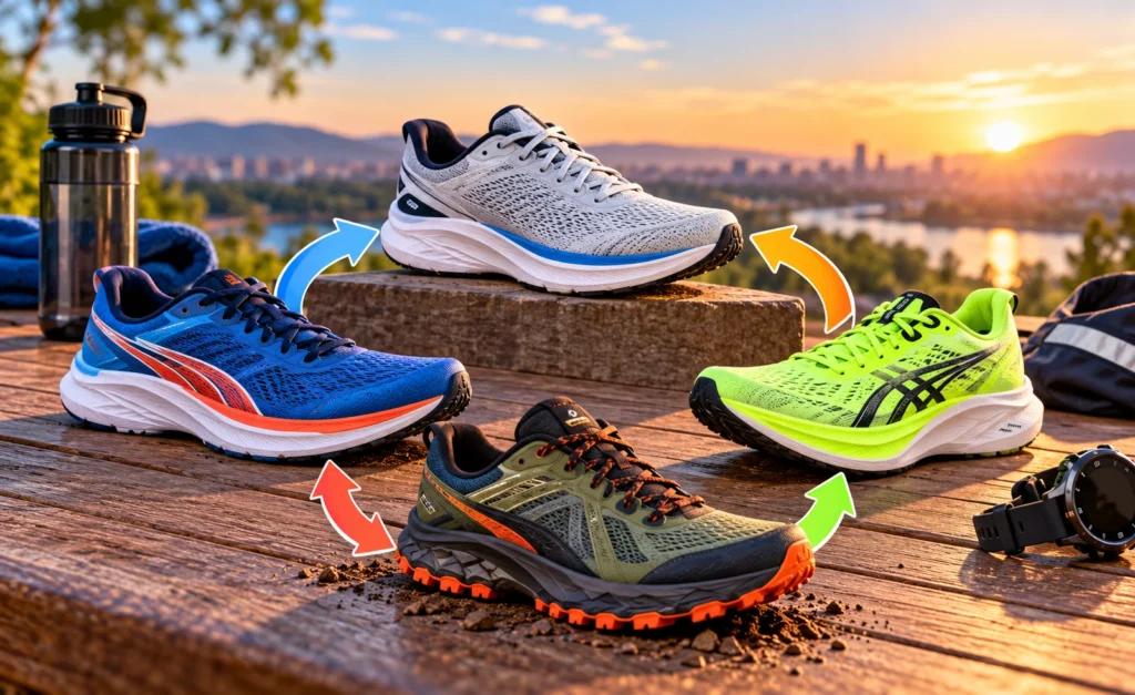 Four different running shoes arranged in a circular rotation with arrows, illustrating how runners alternate shoes for different workouts.