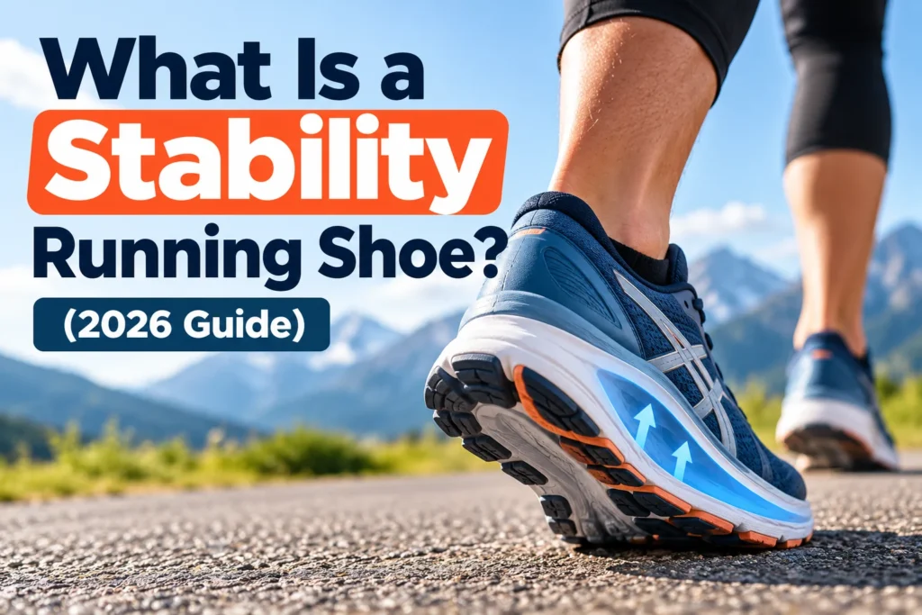 Runner wearing a blue stability running shoe with supportive cushioning on an outdoor road, illustrating the 2026 stability running shoe guide.