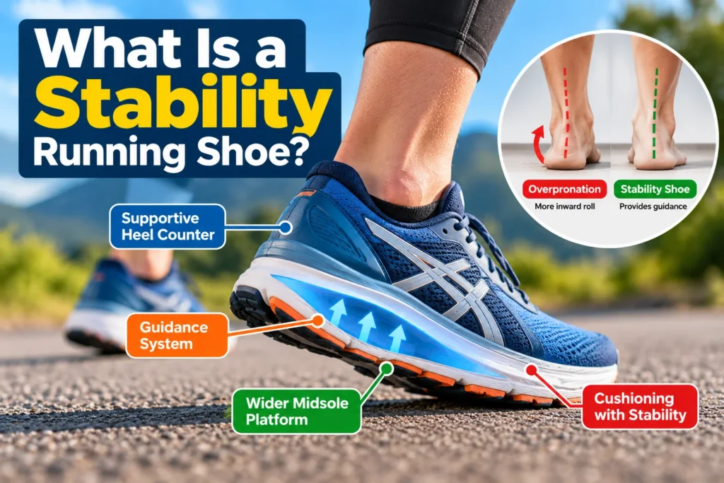 Blue stability running shoe showing a supportive heel counter, guidance system, wider midsole platform, and cushioning for improved stability.