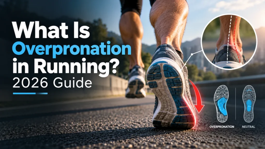 What Is Overpronation in Running? 2026 Guide showing a runner's foot rolling inward with ankle alignment and foot pressure illustrations.