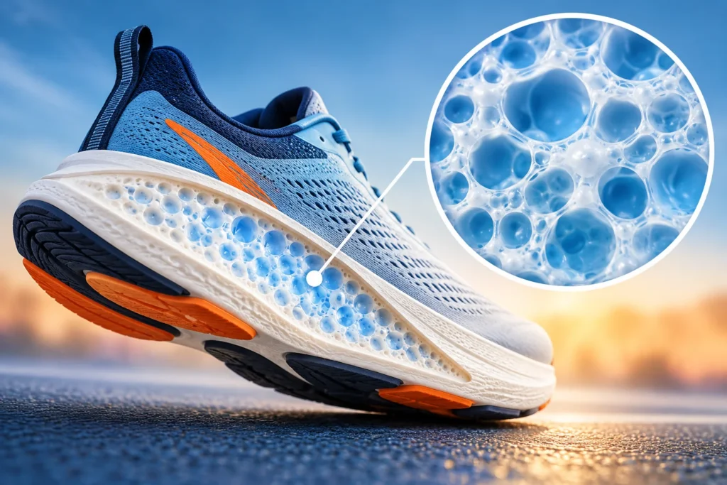 Supercritical foam running shoe with a cutaway midsole showing lightweight, air-filled foam cells and cushioning technology.