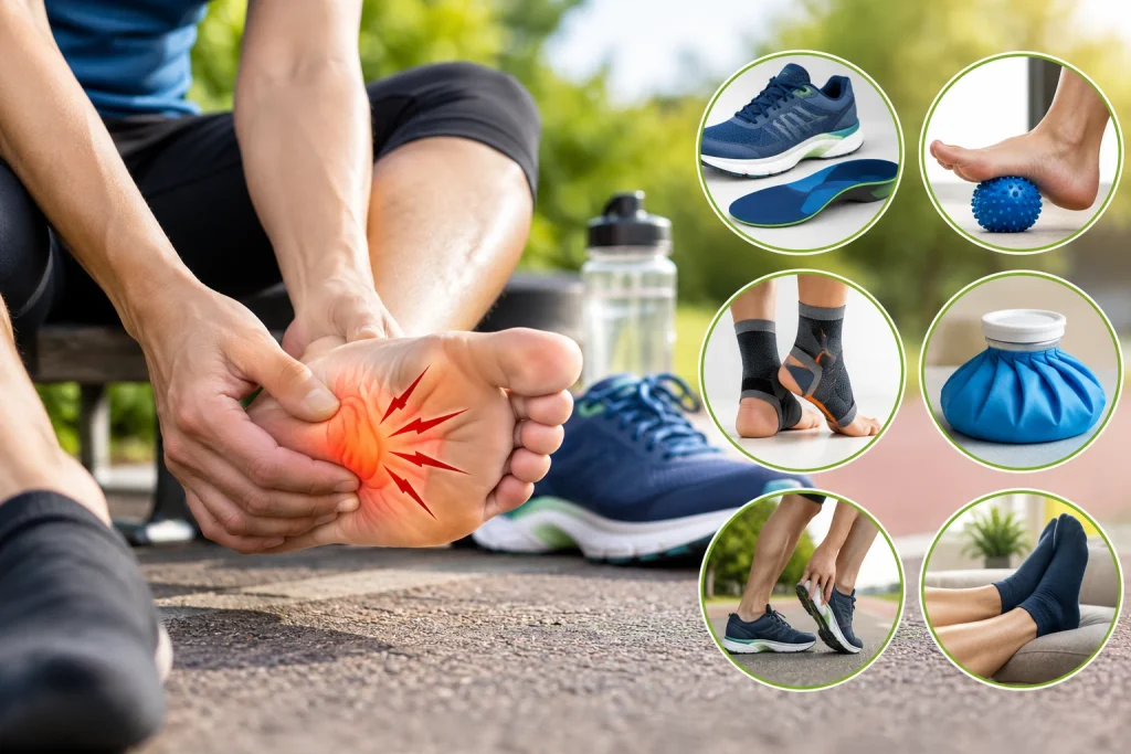 Runner holding a painful foot arch with illustrations of supportive running shoes, foot massage, ice therapy, stretching, and rest.