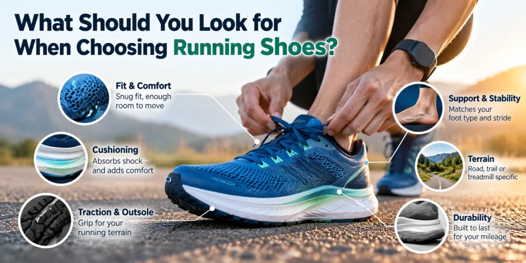 Runner tying blue running shoes with infographic highlighting fit, cushioning, traction, support, terrain, and durability.