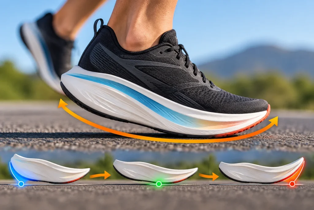 Rocker sole running shoe with a curved cushioned midsole illustrating smooth heel-to-toe transitions during running.