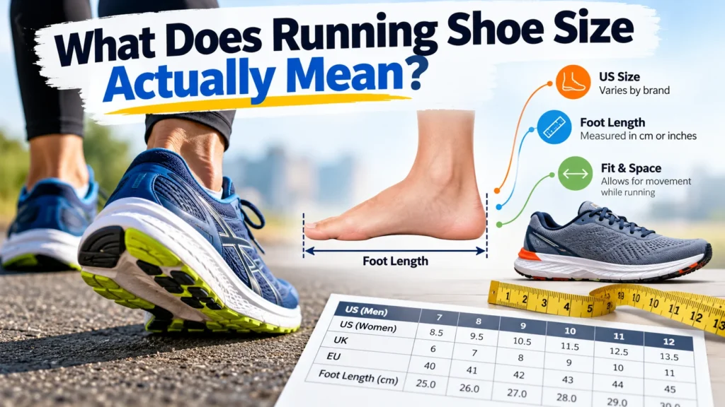 Running shoe size explained with foot length measurement, running shoes, measuring tape, and US, UK, EU shoe size chart.