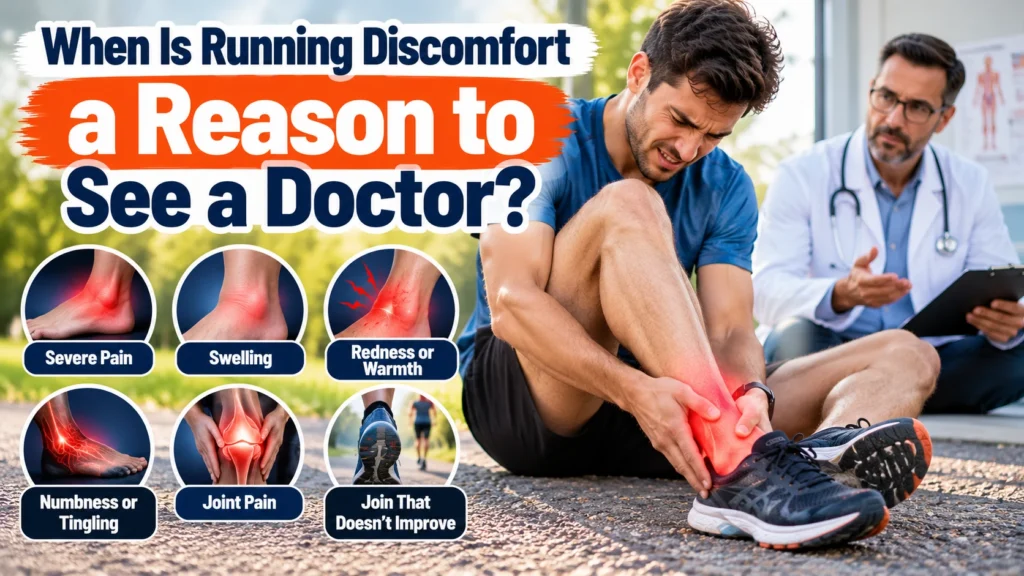 Runner experiencing ankle pain with a doctor nearby, illustrating warning signs of running injuries, including severe pain, swelling, numbness, and persistent discomfort.