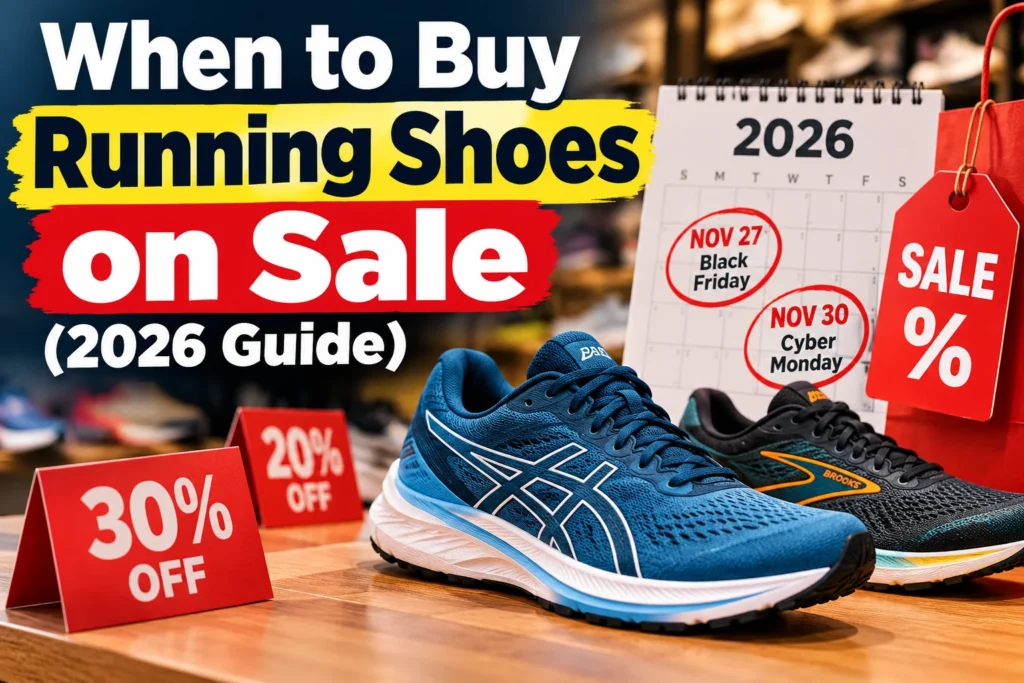 Running shoes on sale with discount tags and a 2026 calendar highlighting Black Friday and Cyber Monday shopping dates.