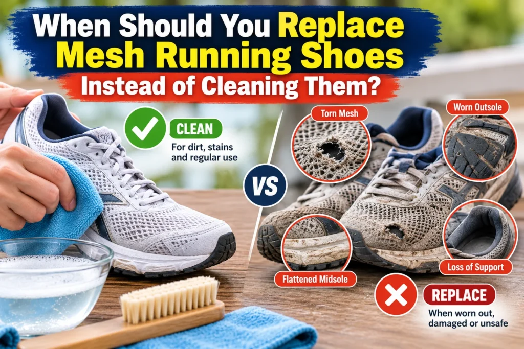 Comparison of cleaning dirty mesh running shoes versus replacing worn shoes with torn mesh, damaged outsoles, flattened midsoles, and reduced support.