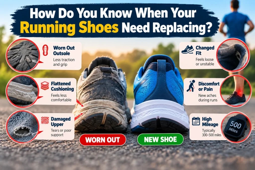 Signs running shoes need replacing, including worn-out soles, flattened cushioning, damaged uppers, poor fit, and high mileage.