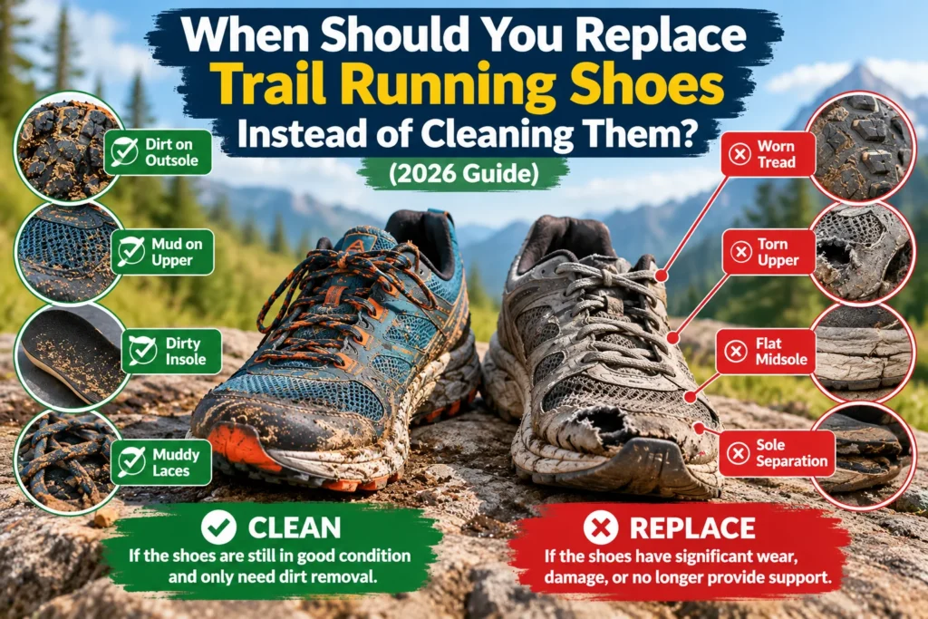 Infographic comparing muddy trail running shoes that need cleaning with worn-out trail shoes showing damaged tread, torn uppers, and sole separation.