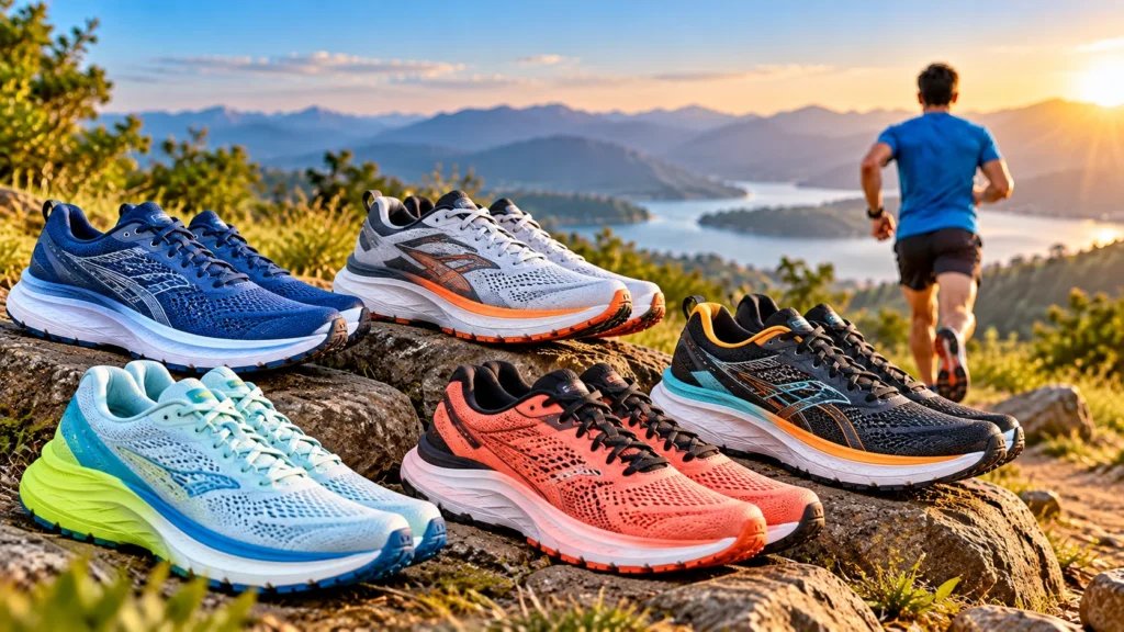 Five pairs of colorful cushioned long-distance running shoes displayed on rocks with a runner jogging on a scenic mountain trail.