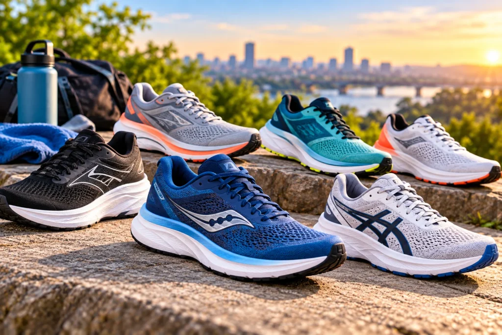Various cushioned running shoes in blue, black, gray, and teal displayed outdoors, showcasing footwear options for daily training.