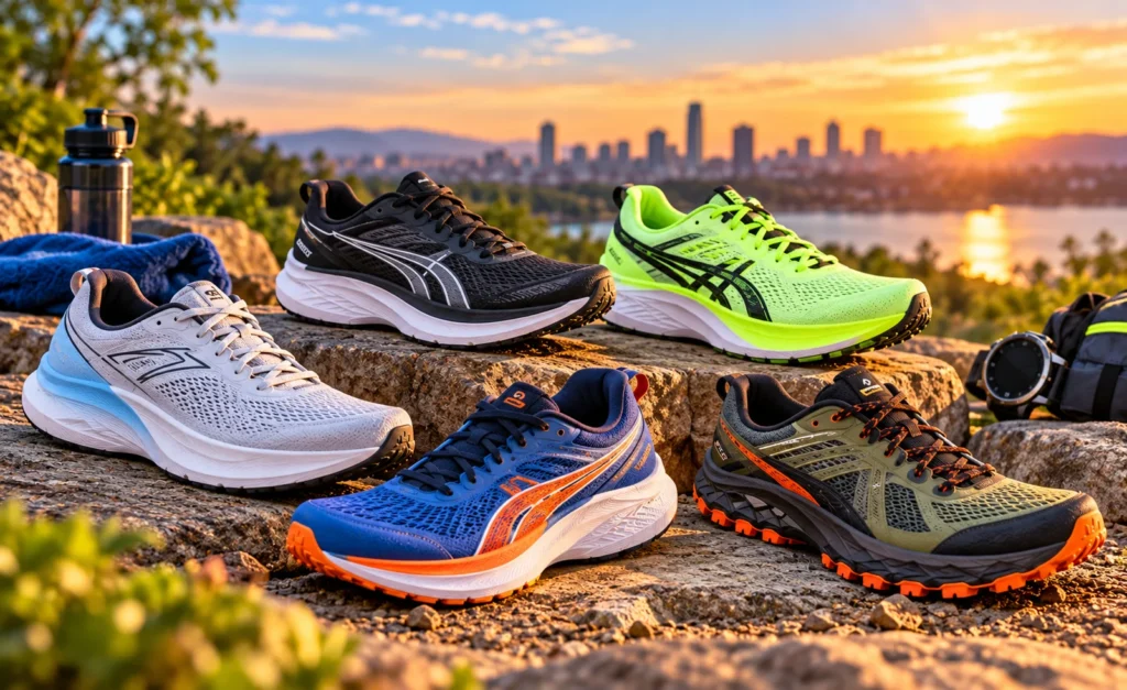 Different types of running shoes arranged outdoors, including cushioned daily trainers, lightweight performance shoes, and trail running shoes for a running shoe rotation.