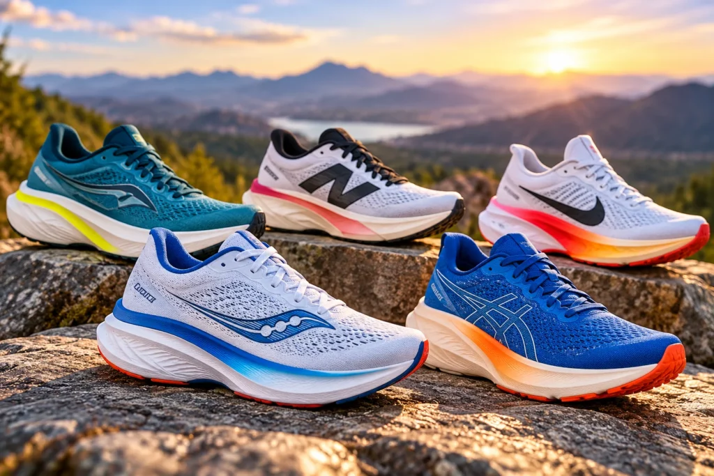 Five modern running shoes with advanced foam midsoles displayed on rocky terrain, illustrating lightweight cushioning and responsive running shoe options.