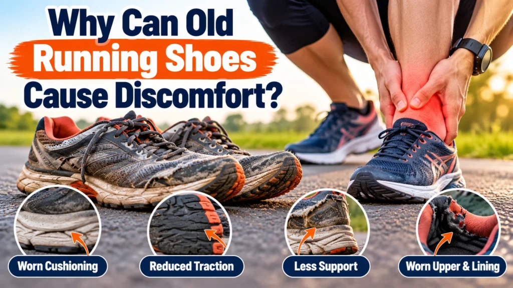 Old worn-out running shoes showing damaged cushioning, reduced traction, and poor support beside a runner experiencing ankle discomfort.