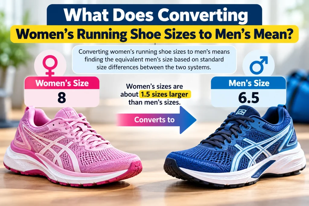 Women's to men's running shoe size conversion showing women's US size 8 equivalent to men's US size 6.5.
